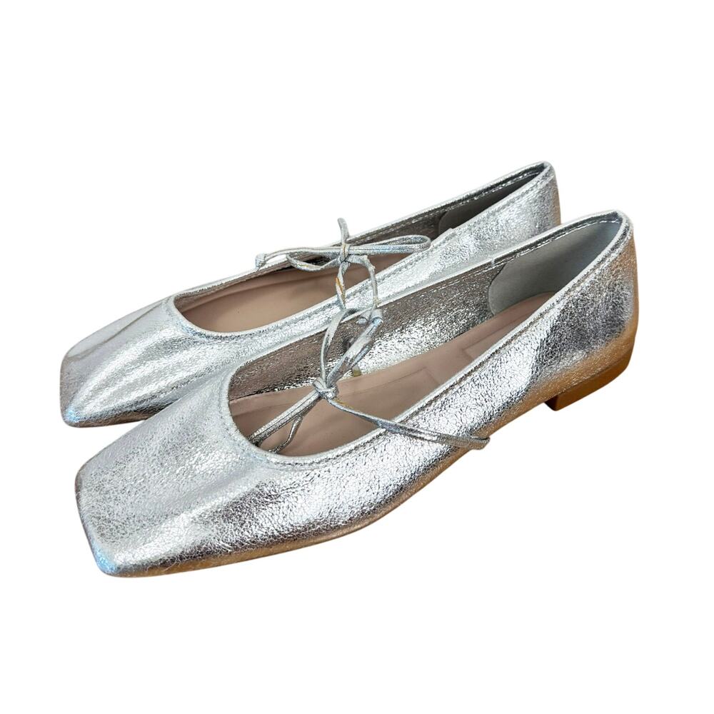 Zara Silver Metallic Square Toe Ballet Flats 38 8